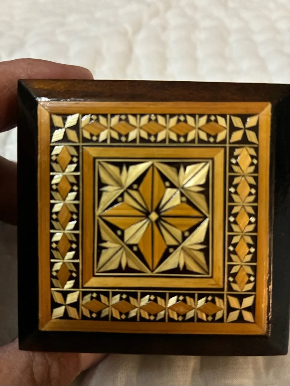 Handcrafted Vintage Russian Inlaid Wood Decorative Trinket Box Geometric Mosaic